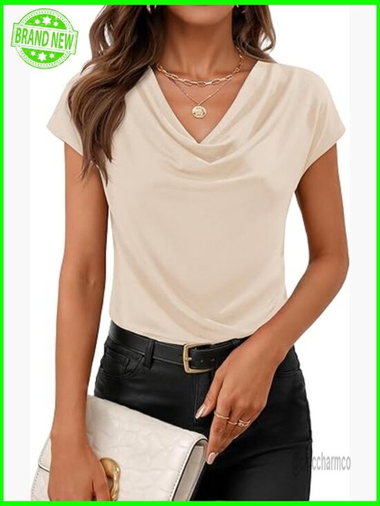 Tops - Women's Short Sleeve Cowl Neck Knit Blouse Business Casual Work Top